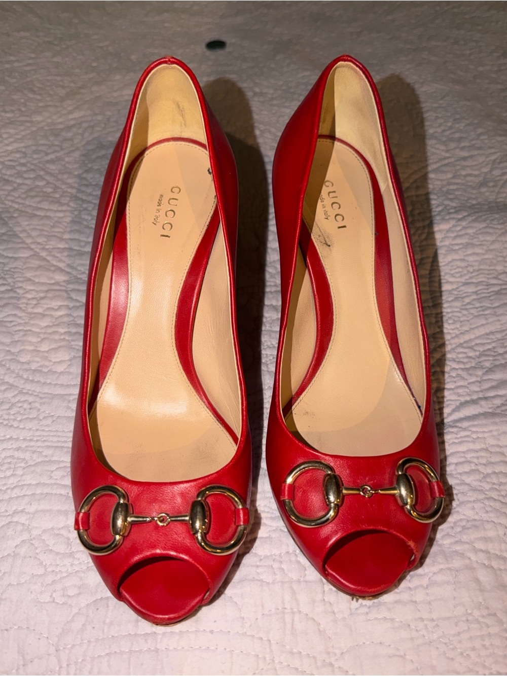 Gucci Red Leather Peep-Toe Pumps with Gold Horsebit
